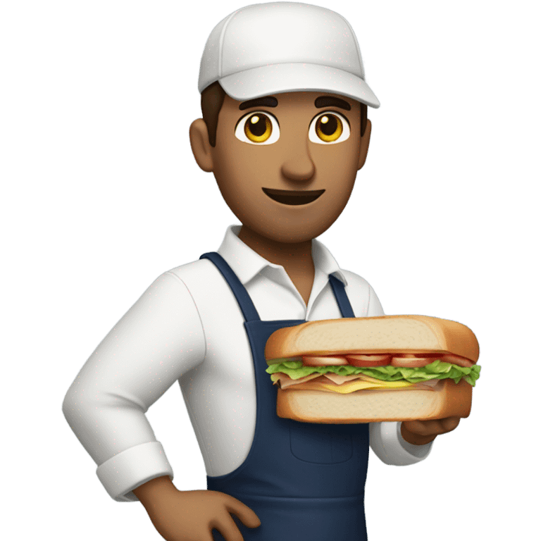 Male man with brown hair worker with white shirt and navy apron with khakis and hat holding a sandwhich emoji