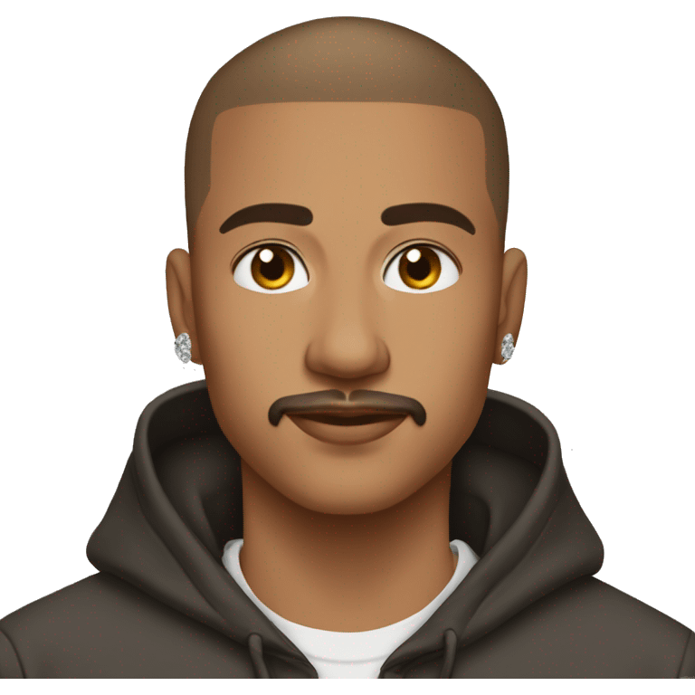 brown short buzzcut haired, 25 years old tanned boy with mustache wearing streetstyle hoodie and diamond chain emoji