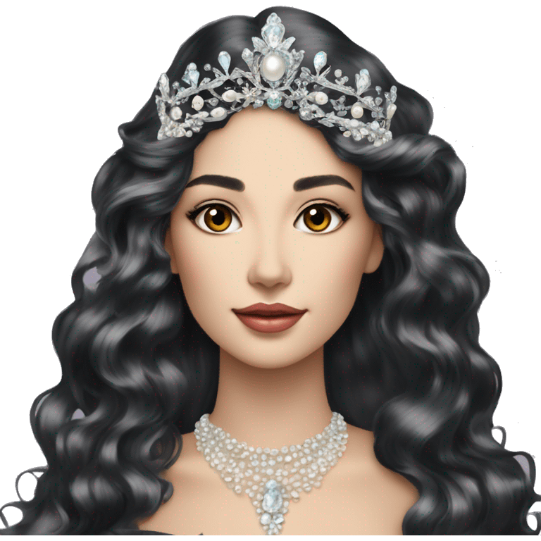 Regal pretty woman photograph defined cheekbones high cheekbones crown vintage with very long iridescent black and silver hair wavy black hair pearl crown iridescent emoji