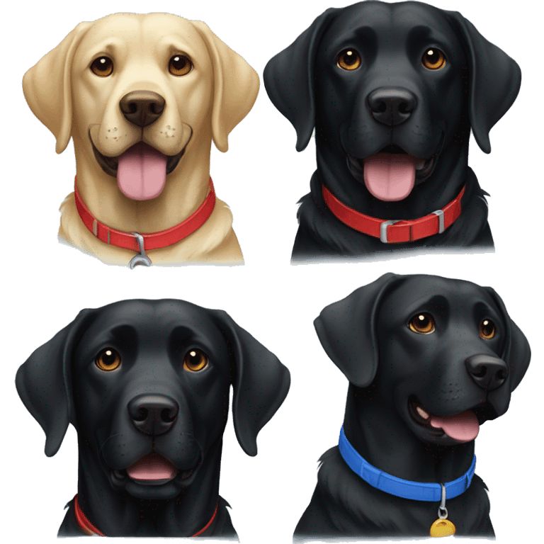 two black labradors together. one with red collar. one with blue collar. emoji