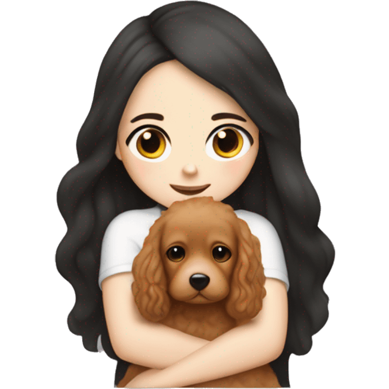 White skinned girl with long black hair cuddling with an apricot coloured cockapoo emoji