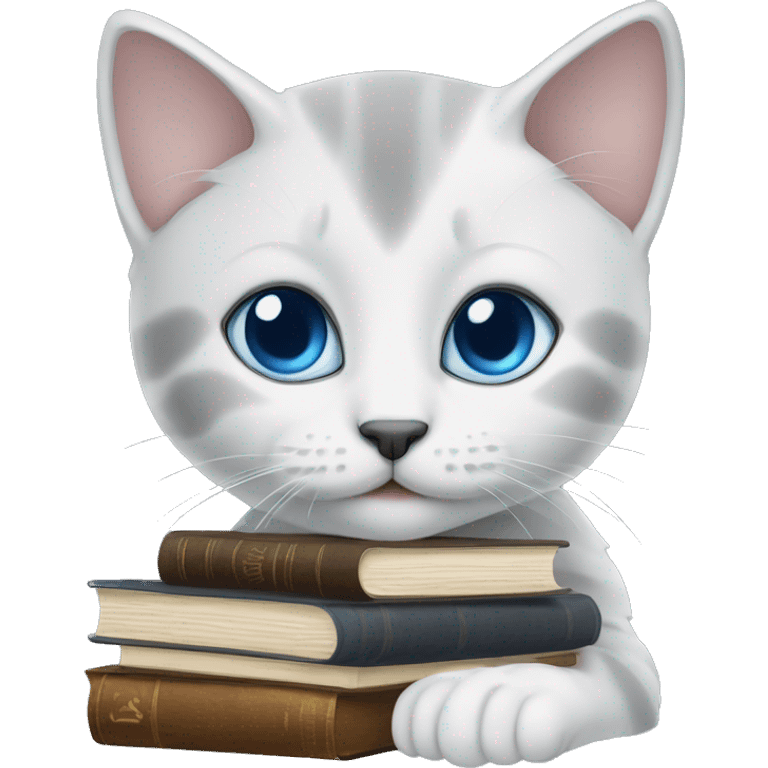 blue eyes grey kitten and books  emoji