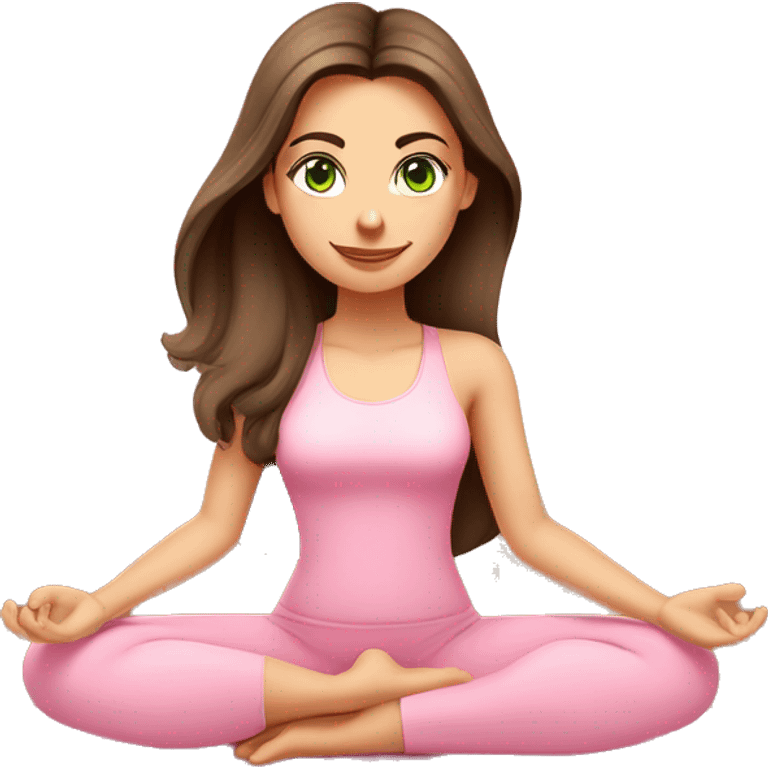 Brunette long hair and green eyes yoga beautiful girl in light pink pink pink clothes sitting on a yoga mat emoji