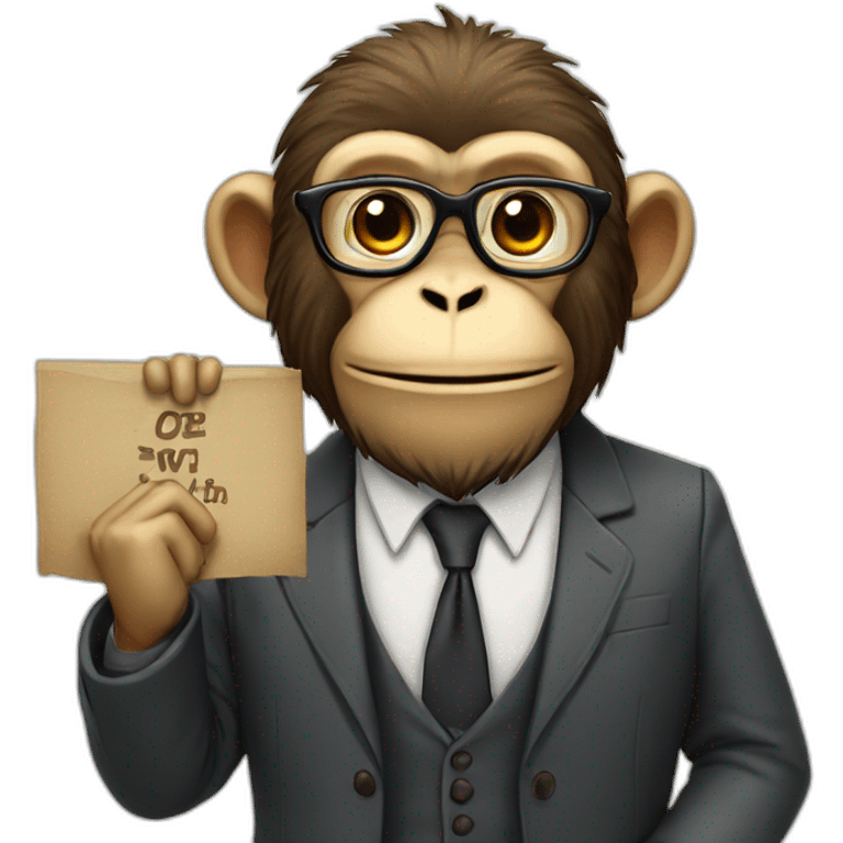 monkey professor with beard and mustache and suit holding a sign with like emoji