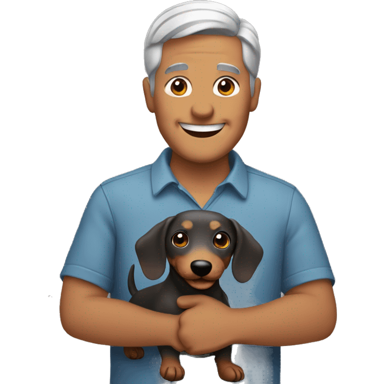  man with grey hair smiling and holding a dachshund in his arms emoji