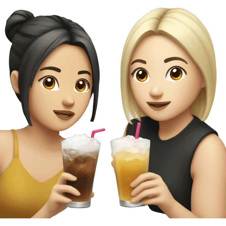 Four girls, 2 with blonde hair, one Asian and one with short brown hair all holding drinks emoji