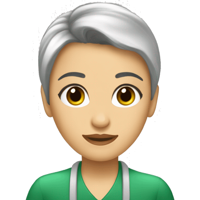 profesora morena, ojos verdes, flequillo emoji