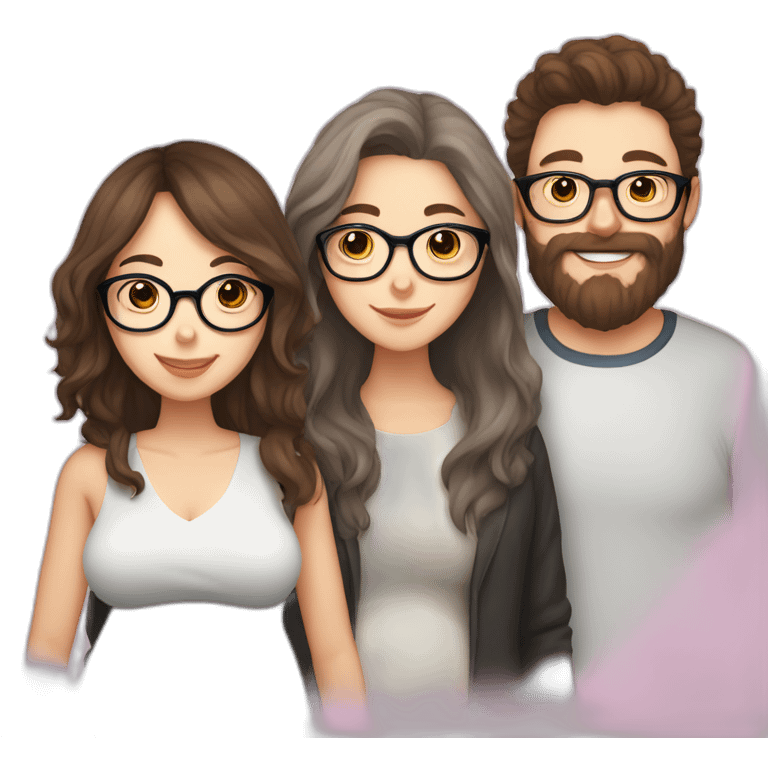 Pregnant girl with half long brown hair with glasses, a boy with long beard, glasses and short hair and english sheepdog emoji