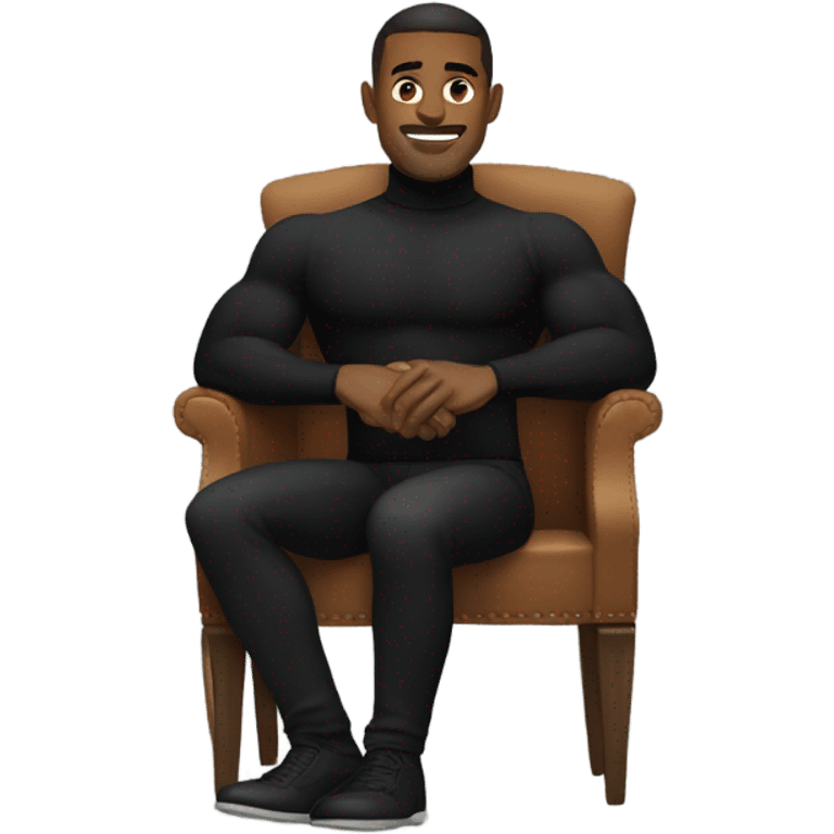 muscle man in black turtleneck shirt and black pants sitting in chair emoji