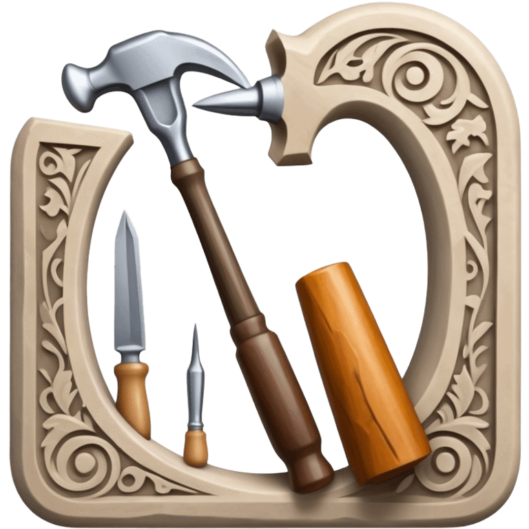 Carving icon, stone, bone, and horn with detailed patterns, carving tools like chisel, awl and hammer, minimalistic style, clean lines, transparent background. emoji