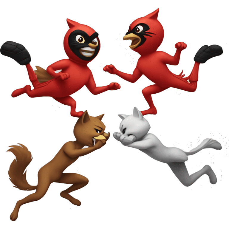 Cartoon cardinal kicking cartoon wildcat emoji