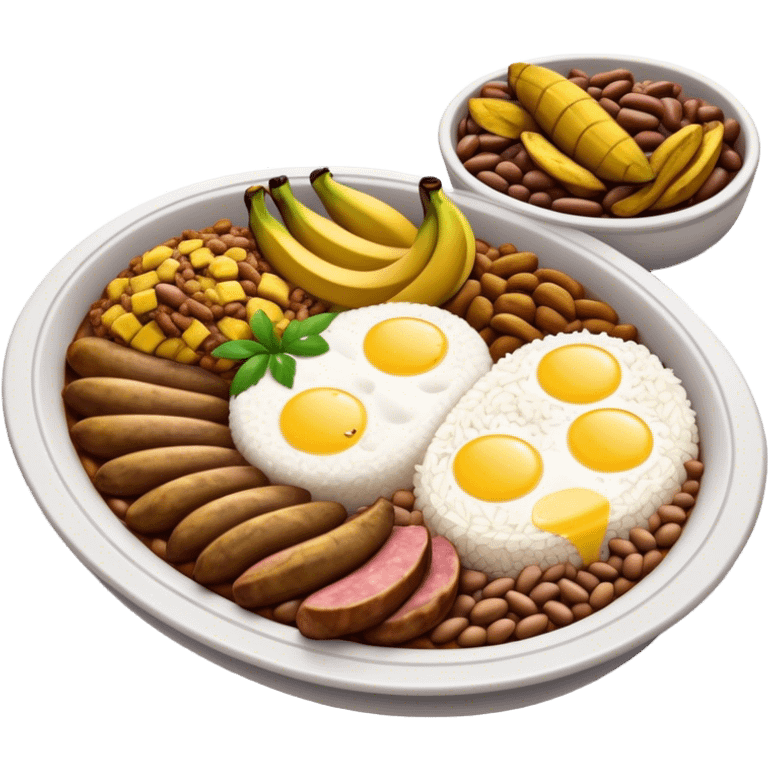 Cinematic Realistic Bandeja Paisa Dish Emoji, depicted as a hearty platter featuring beans, rice, meat, and plantains rendered with detailed textures and vibrant, robust lighting. emoji