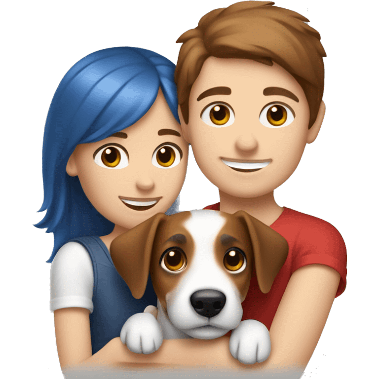 a girl with brown hair and blue eyes hugs a dog of the Jack Russell Terrier breed, white and red emoji