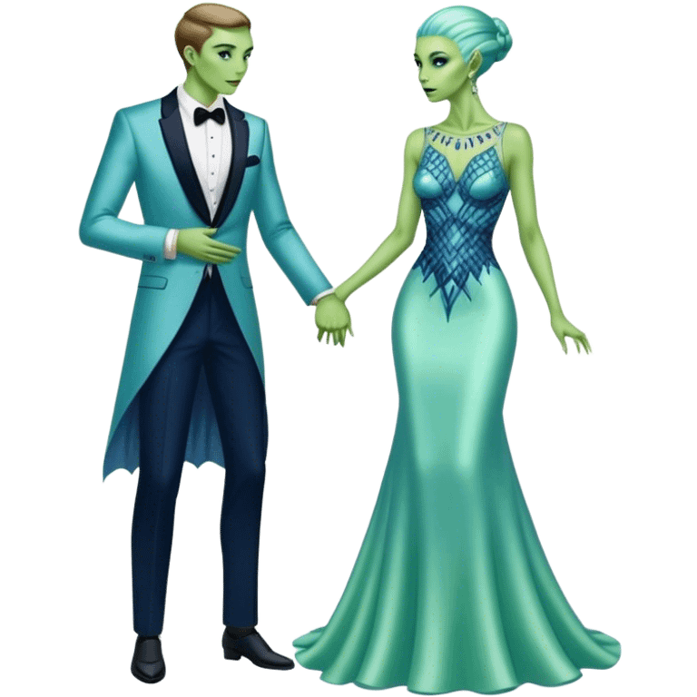 alien reptilian green skin woman, in long slim pastel blue formal party satin dress with gradient shiny sparkling navy blue diamonds embroidered , and caucasian man in black dres on his knees asks her to marry her emoji