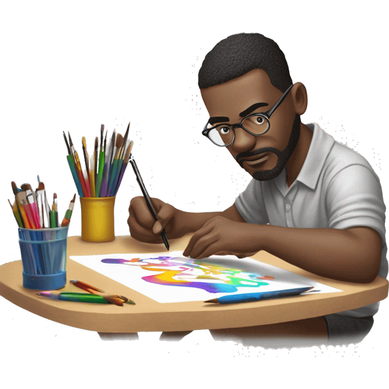 👨‍🎨📱✍️ A creative man is focused, drawing on an iPad with a stylus. He has a look of concentration on his face, using the iPad placed on a table. The background is bright, with art tools like brushes and pencils around him. 🎨 emoji