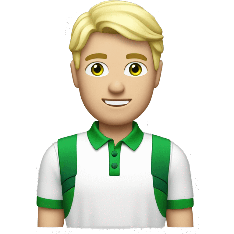 Men with blond hair, green eye, wearing white and green golf outfit. Playing golf emoji