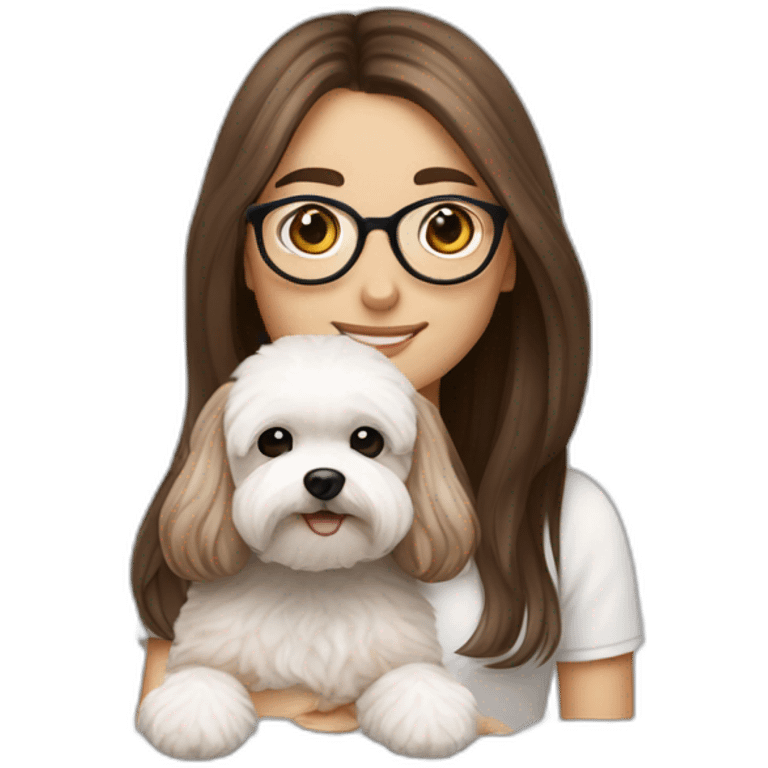 Long straight brown hair, eyeglassed turkish girl with white maltipoo emoji