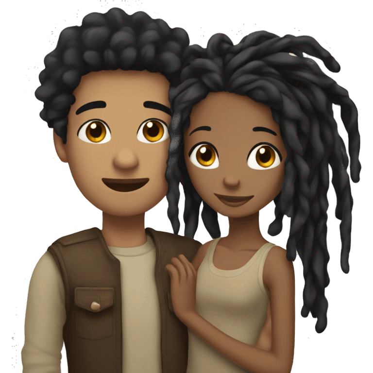 A mixed guy with black dreadlocks hugging a brown girl with chin-lenght straight black hair. emoji