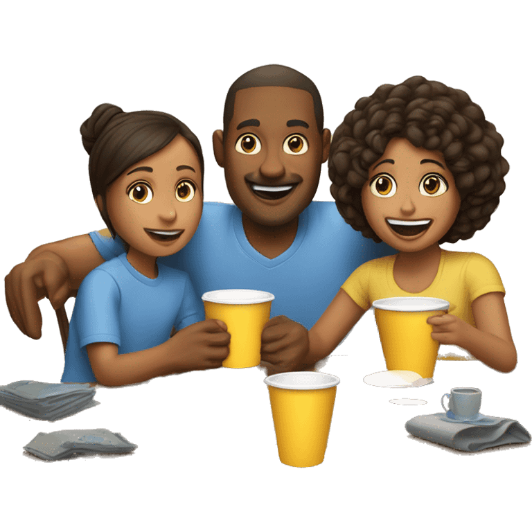 An emoji of a family—mother, father, and child—sitting at a table, playing a cup game with paper cups arranged on the table as they have fun together emoji