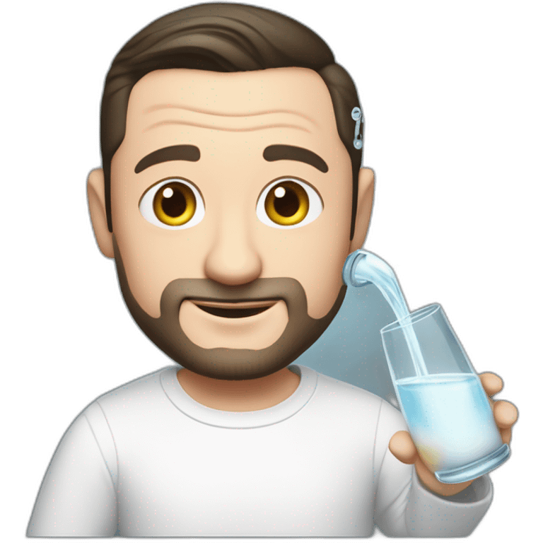 tim robinson dark black slicked back hair, wearing a white long sleeve t-shirt while pouring water from glass onto a steak emoji