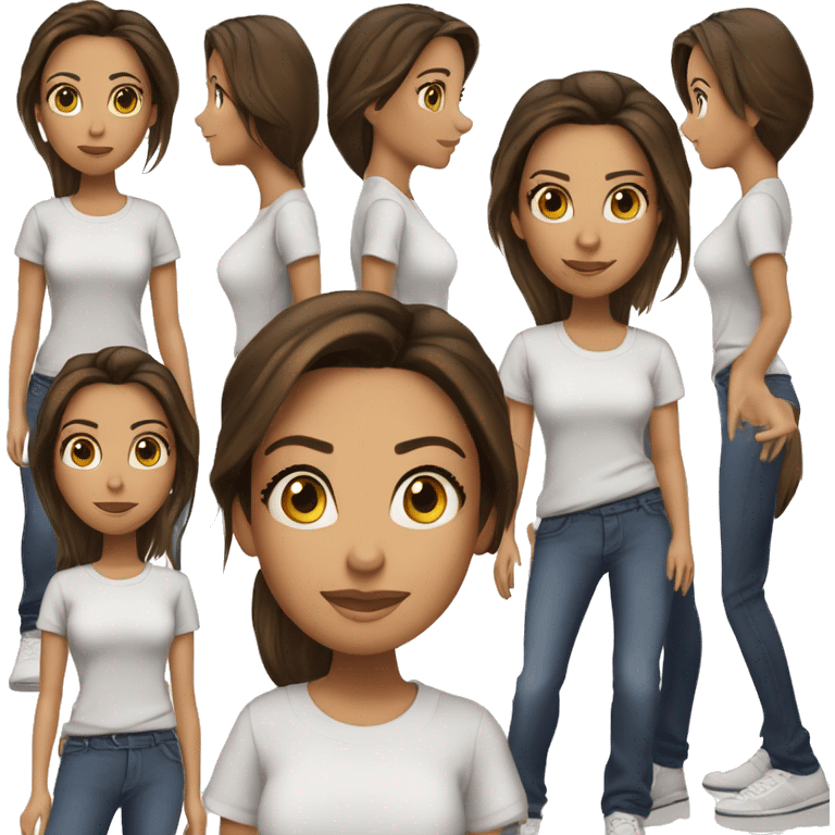 3/4 face, contrasted, shadow, light, Eva Longoria expression, standing, thin nose, brunette woman, hazel eyes, long eyelashes, dark shoulder shaded hair, white t-shirt, jeans, white sneakers emoji