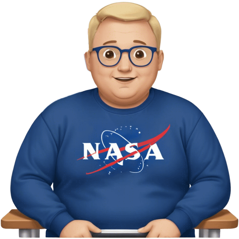 happy chubby man, bench Press,  blond short and hight receding hairline, wearing a dark blue sweatshirt, nasa logo on the sweatshirt, round glasses without frame, 40 years old emoji