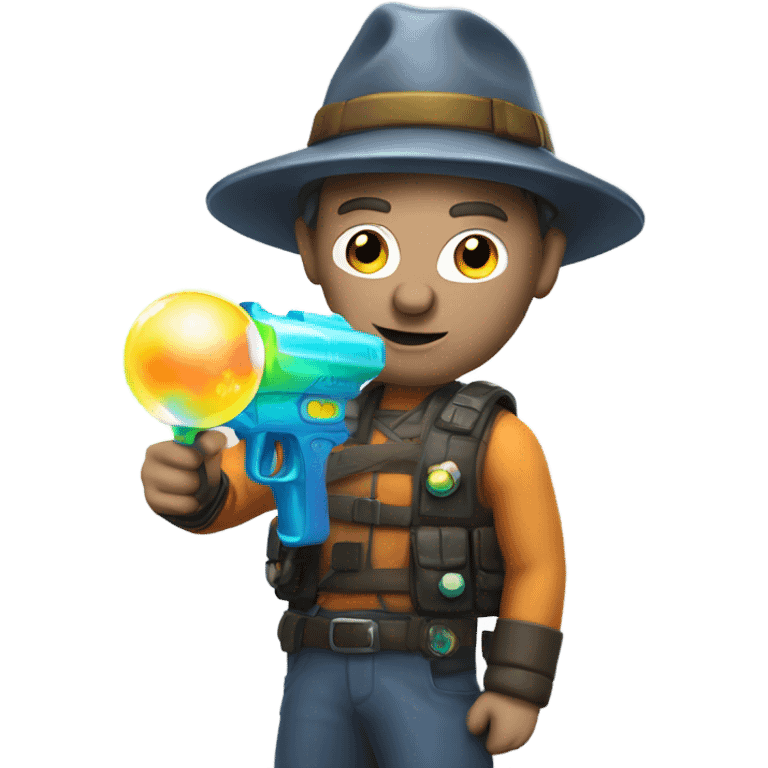 Caucasian man in glowing gear with mask and hat and shooting a bubble gun emoji