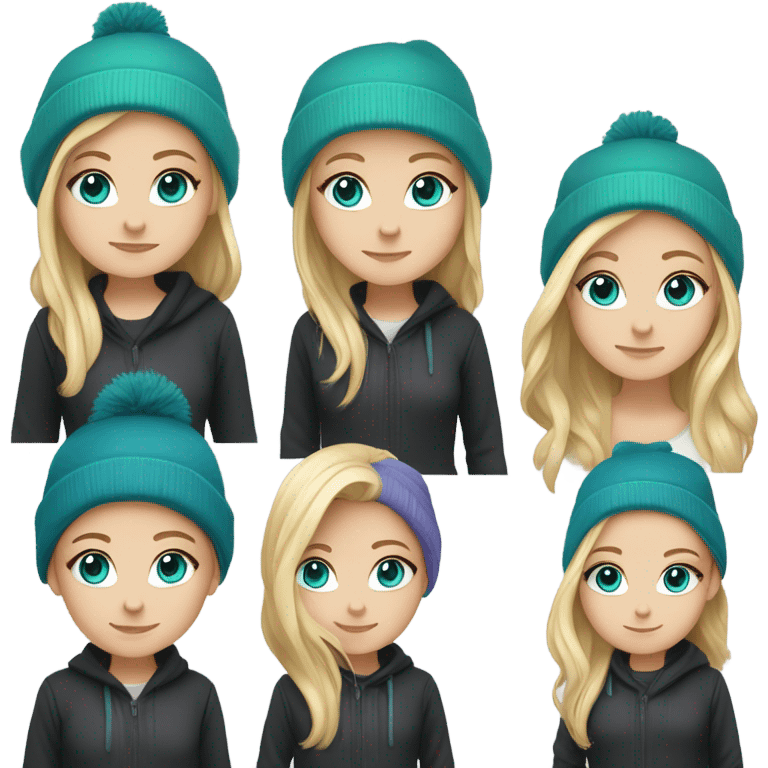 White girl, blue eyes, long teal hair, purple beanie hat, black hoodie, blue jeans, black shoes emoji