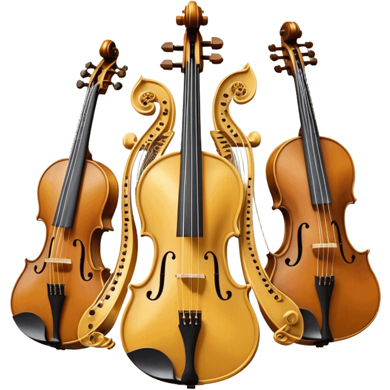 Create a sophisticated, festive, and professional emoji collage resembling a coat of arms, symbolizing string instruments. The design should feature several string instruments, such as a violin, cello, guitar, and harp, arranged in an elegant, balanced composition. Each instrument's neck (fingerboard) should intertwine with flowing musical notes, forming a ribbon-like structure that weaves through the instruments. The strings of the instruments should be emphasized, creating a dynamic and elegant effect. Use rich gold and silver accents to highlight the professional quality of the instruments, with deep wooden tones for the body of each instrument. Surround the instruments with a subtle border, resembling a heraldic crest, and add small decorative elements like laurel leaves or subtle flourishes. The background should be transparent to keep the design clean and polished. emoji