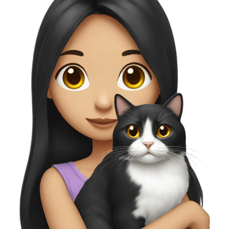 Asian longhair girl holding black and white cat  emoji