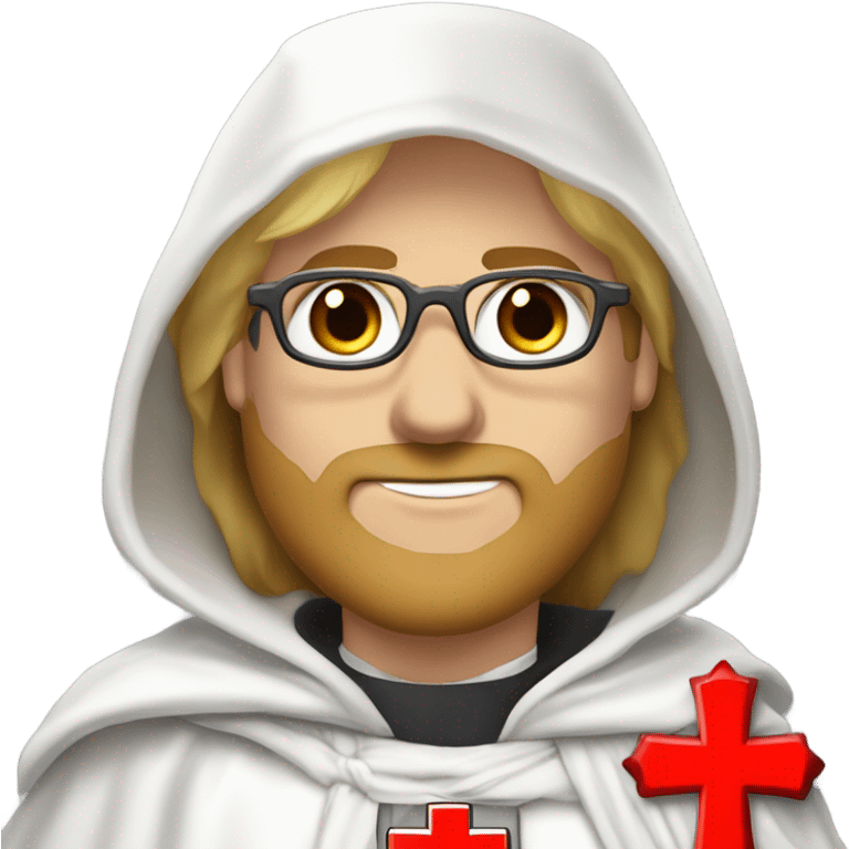 blond haired Masonic knight Templar wearing glasses and a white tunic with a Red Cross on the front and a white mantle with a hood with a Red Cross on the left side and a male face  and holding a sword. emoji