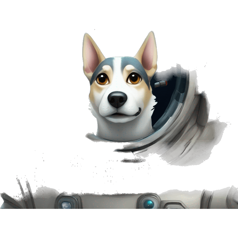 Laika space dog in sci-fi style on the background of a spaceship emoji