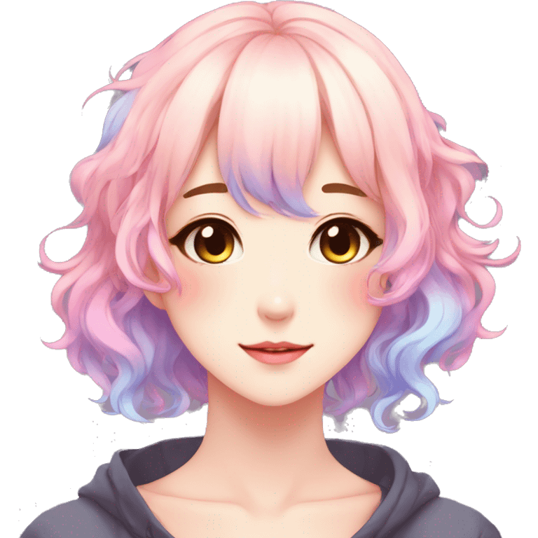 Gorgeous anime style shojo character with blushing face aesthetic and pretty colorful shiny gradient pastel hair trending style emoji