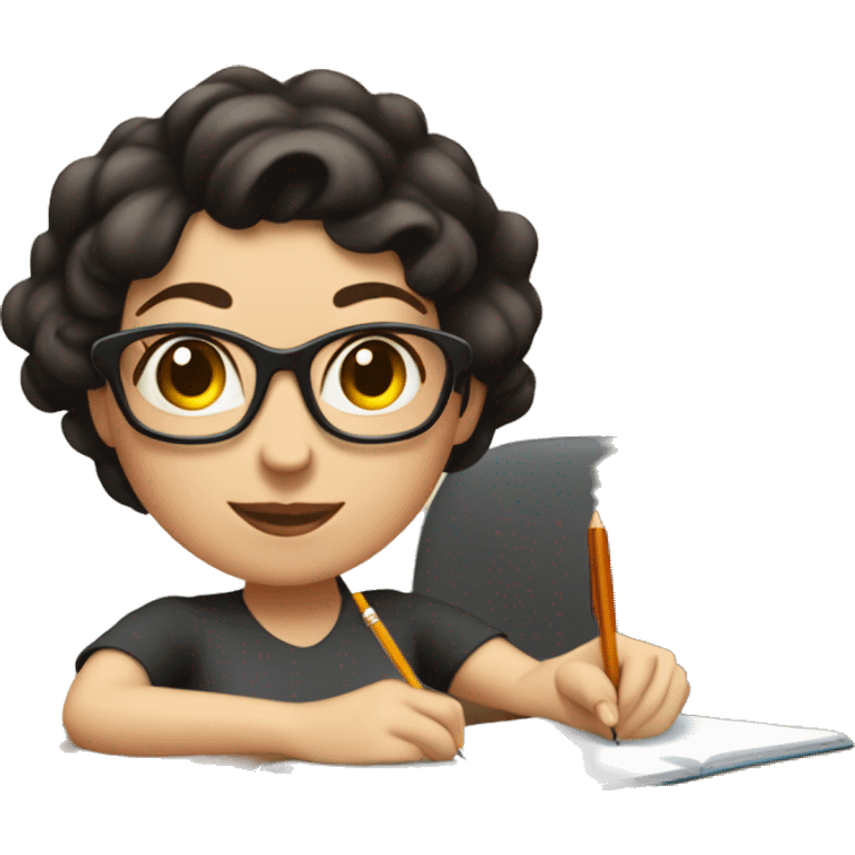 white skin mom with short dark hair writing  a notebook on a wooden desk  emoji