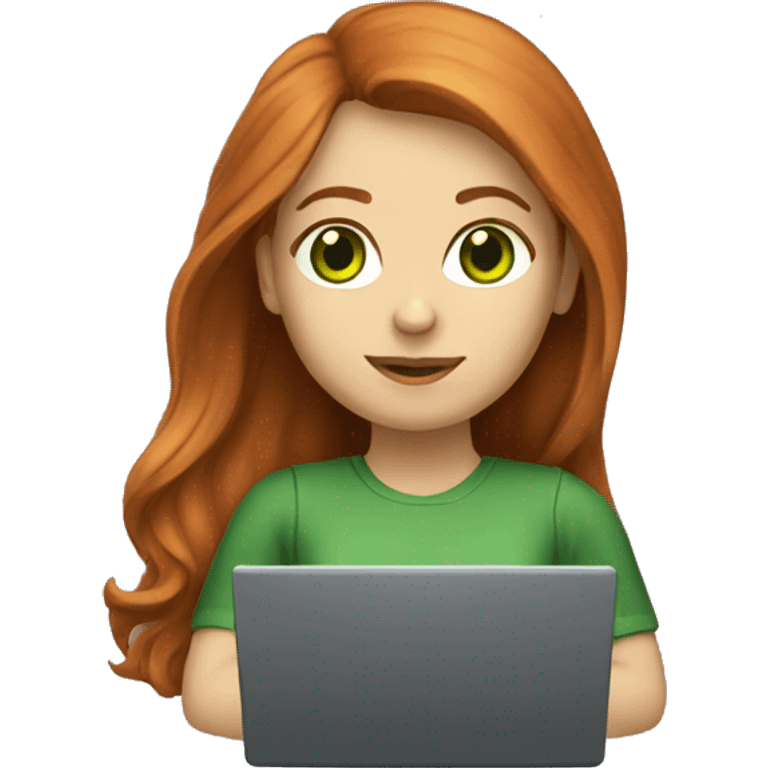 Female coder featuring a laptop. She has long reddish hair, green eyes, white skin. emoji