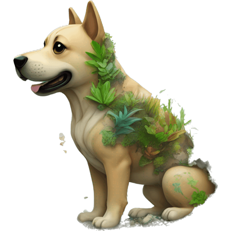 A dog made of glass filled with plants as a terrarium with graffiti doodles emoji