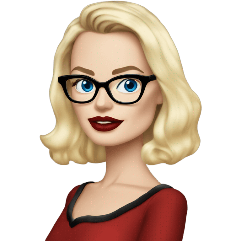 margot robbie, blue eyes, wearing black glasses and red lips  emoji