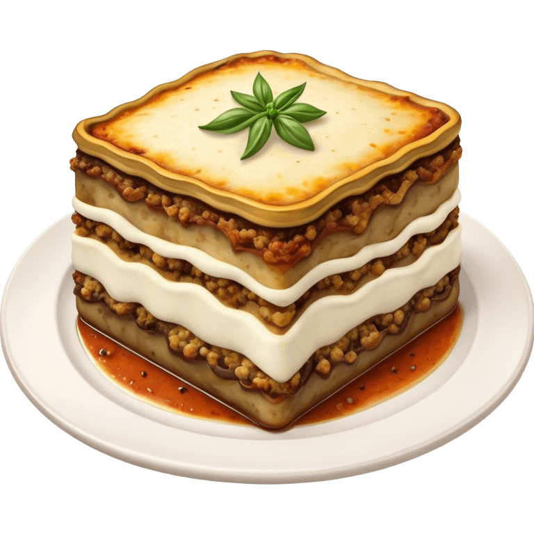 Moussaka Cinematic Realistic Moussaka Dish Emoji, depicted as a rustic serving of moussaka with layers of soft eggplant, ground meat, and a creamy topping featuring a delightfully crispy corner, rendered with rich textures and warm, inviting lighting. emoji