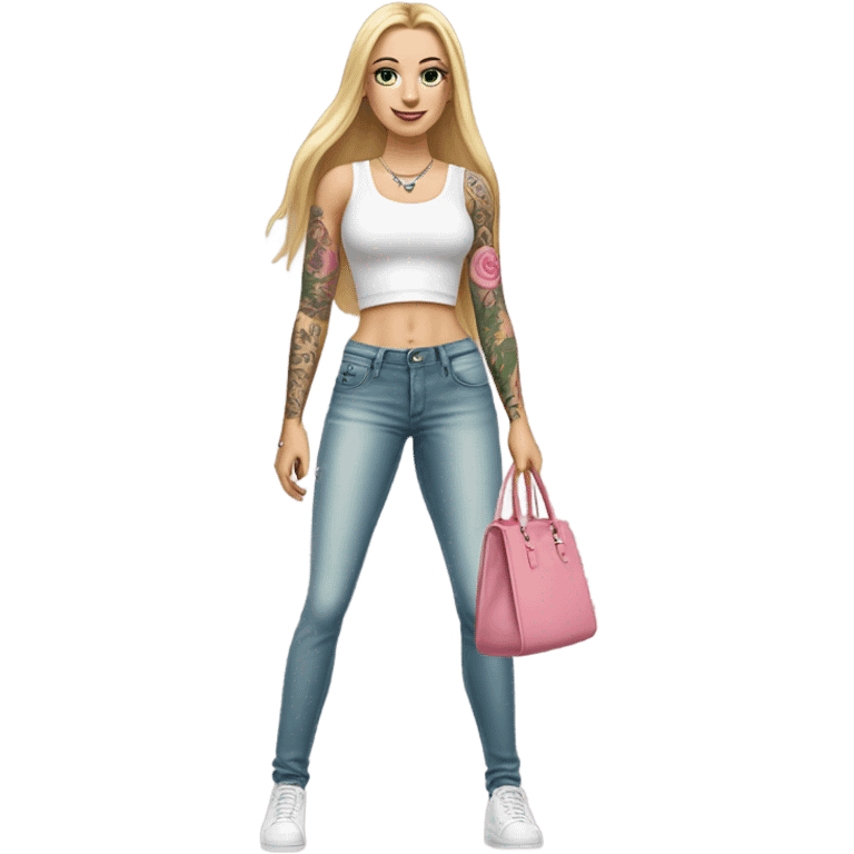 Realistic White girl with Long straight blonde hair, green eyes, tattoos, full body wearing white crop top and jeans, holding pink handbag emoji