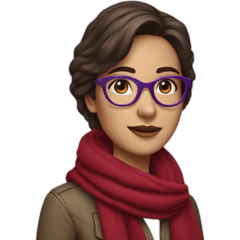 brunette young lady wearing a red scarf and glasses with purple background emoji