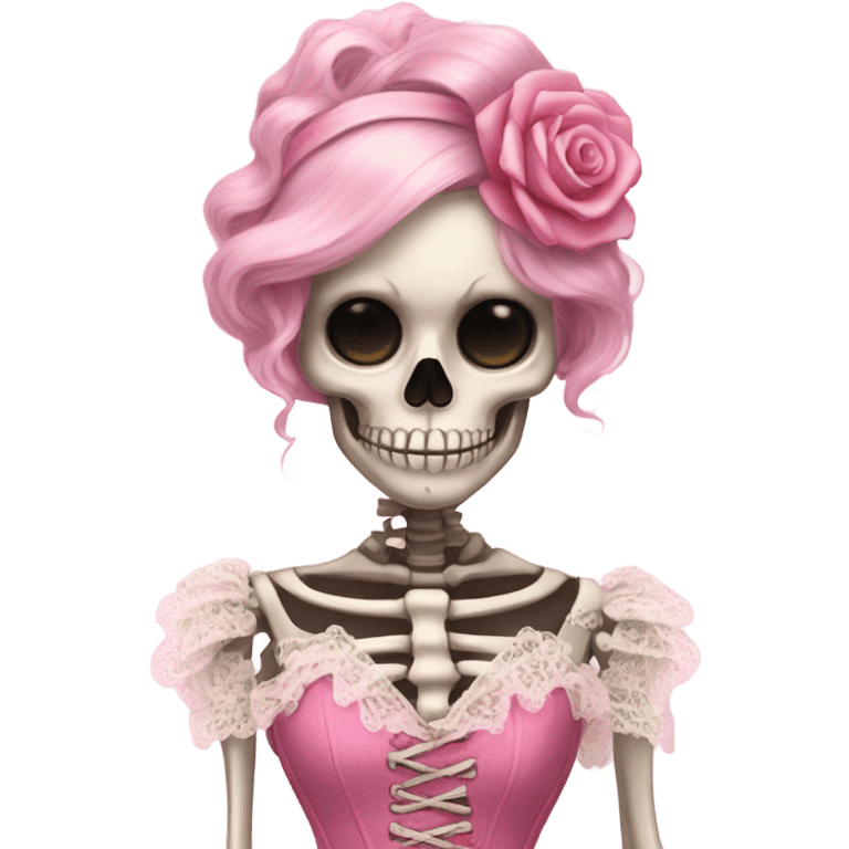 Skeleton wearing a pink laced corset dress with ruffles  emoji