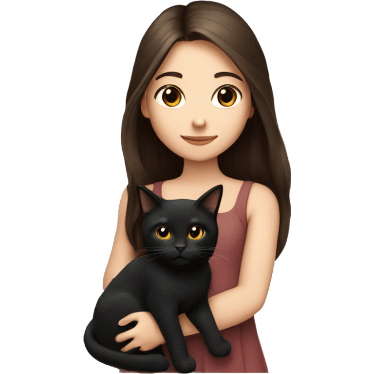 Brunette girl with long hair and brown eyes and fair skin holding a black cat emoji