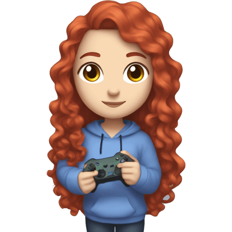 a white girl with long red curly hair, wearing periwinkle Minecraft hoodie holding a controller emoji