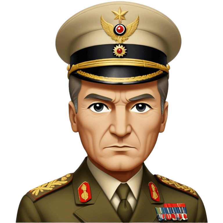 Cinematic Realistic Mustafa Kemal Atatürk Portrait Emoji, depicted as a visionary statesman with a determined gaze and period military attire, rendered with rich textures and dynamic historical lighting that captures his transformative leadership. emoji