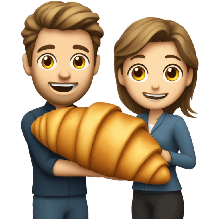 a happy caucassian woman and a man are  holding a croissant emoji