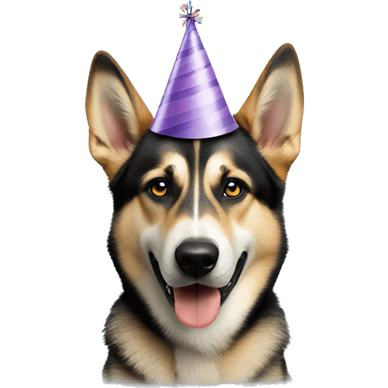 Husky German shepherd with birthday hat emoji