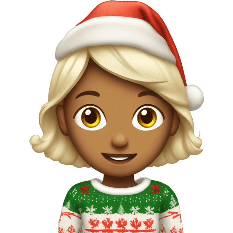 Girl wearing Christmas sweater with beer emoji