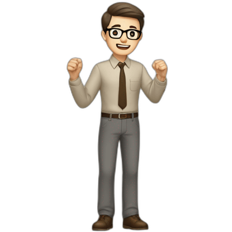 To belt Actively gesturing with hands Pale skinned fit man with dark brown hair in gray jacket, beige office shirt, brown tie, brown pants and vintage glasses. emoji