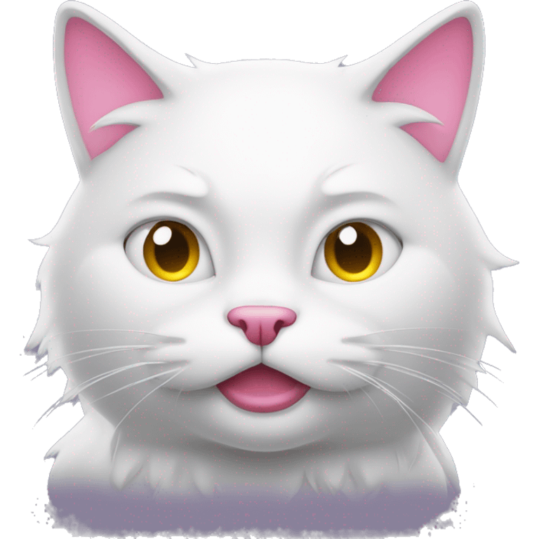 a tired cartoon neon-white cat (with one tooth coming out of the mouth) looking to the side emoji