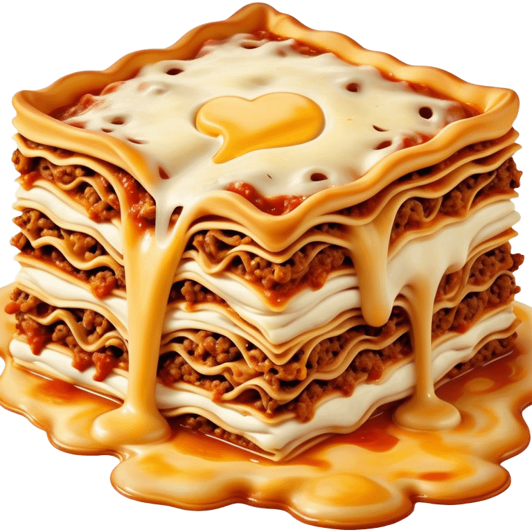 Lasagne alla Bolognese Cinematic Realistic Lasagne alla Bolognese Dish Emoji, depicted as a messy, layered pasta dish overflowing with melted cheese and rich meat sauce, rendered with hearty textures and warm, indulgent lighting. emoji